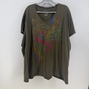 Just My Size T-Shirt Womens 4X Olive Green Floral V-Neck Graphic Tee Boho Earthy